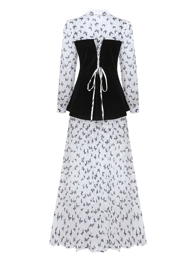 White 1980s Butterfly Pearl Pleated Velvet Corset Midi Dress