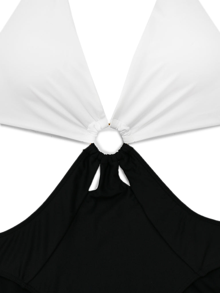 White 1960s Halter Deep V-Neck One-Piece Swimsuit