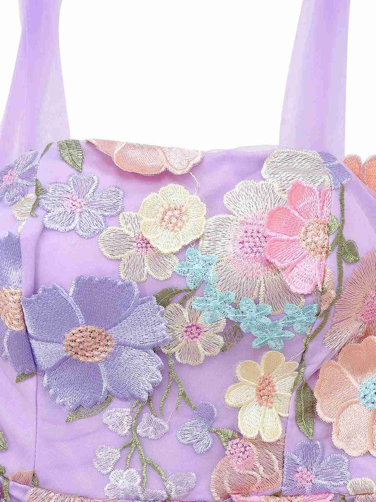 Purple 1940s 3D Floral Bow Strap Mesh Dress