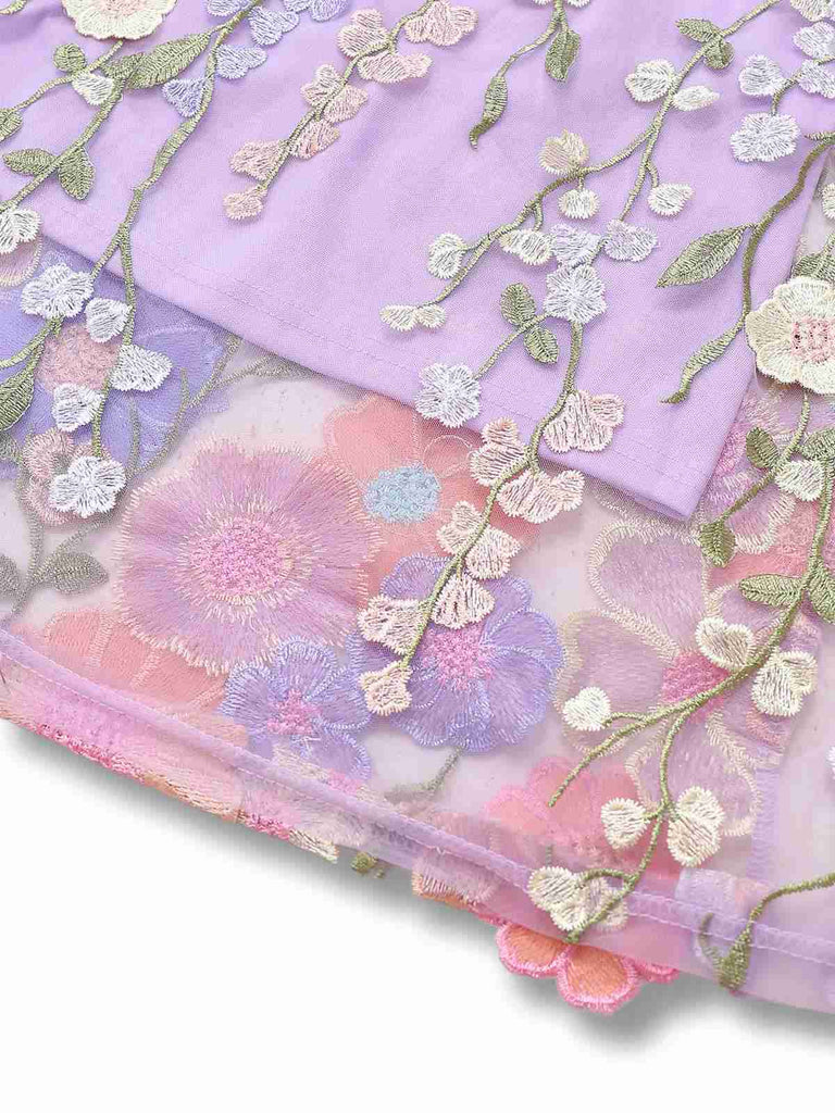 Purple 1940s 3D Floral Bow Strap Mesh Dress