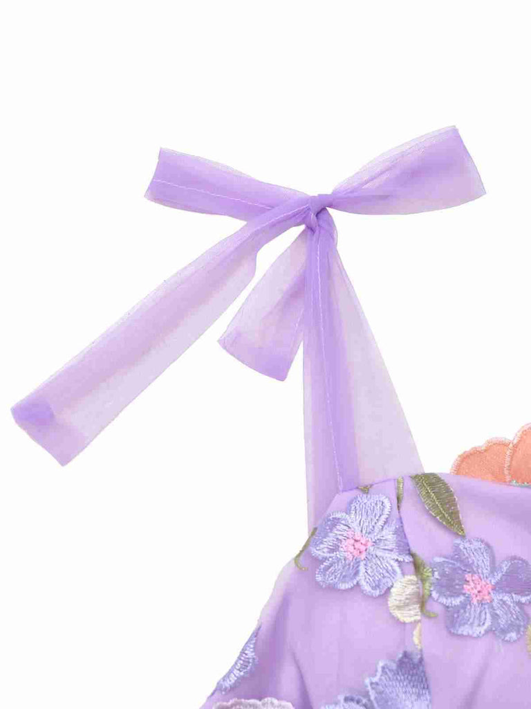 Purple 1940s 3D Floral Bow Strap Mesh Dress