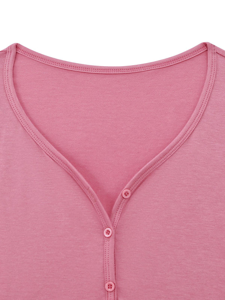 1970s Solid Button V-Neck Long Sleeve Top