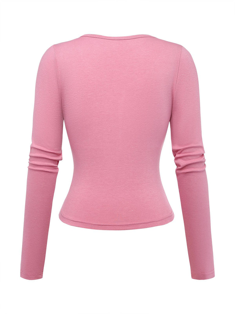 1970s Solid Button V-Neck Long Sleeve Top