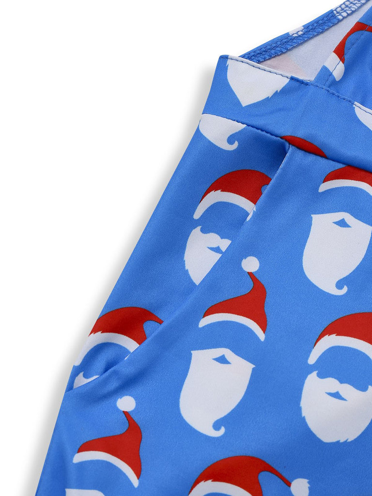 Blue 1960s Santa Claus Print Overalls Jumpsuit