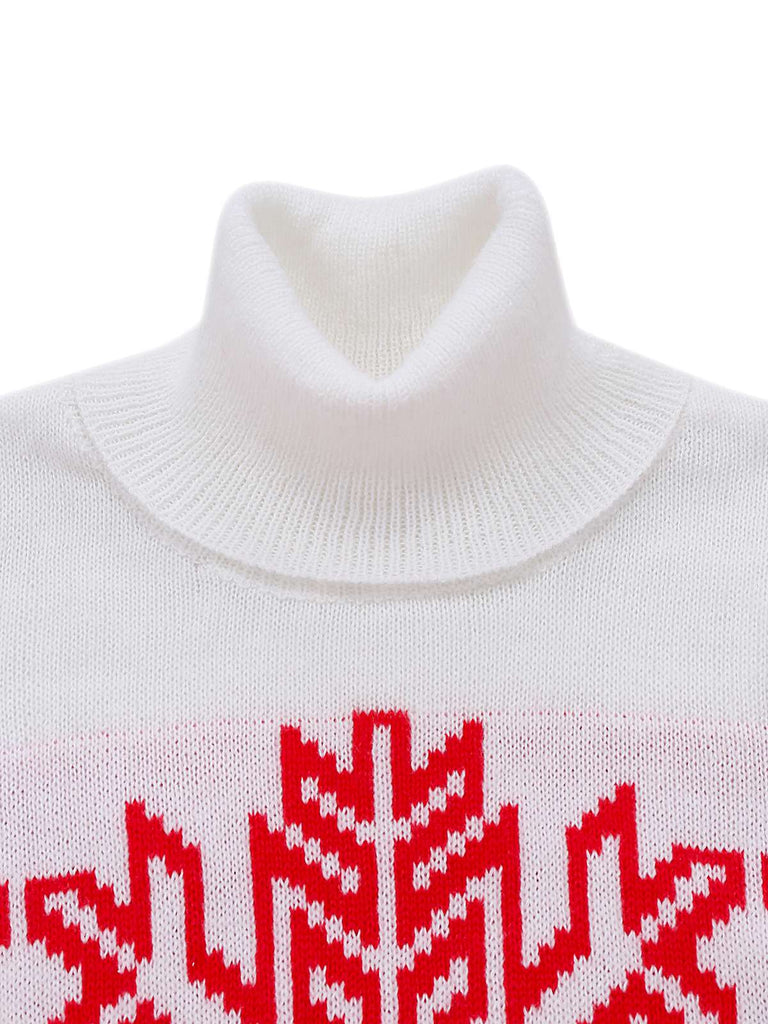 Red & White 1960s Snowflake Turtleneck Sweater Dress