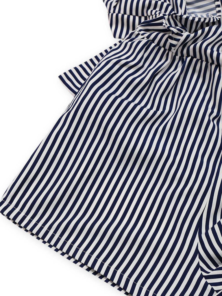 1930s V-Neck Contrast Stripes Ruffles Romper