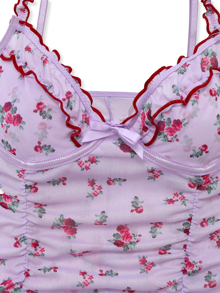 Lavender 1930s Ditsy Floral Bow Slip Nightdress