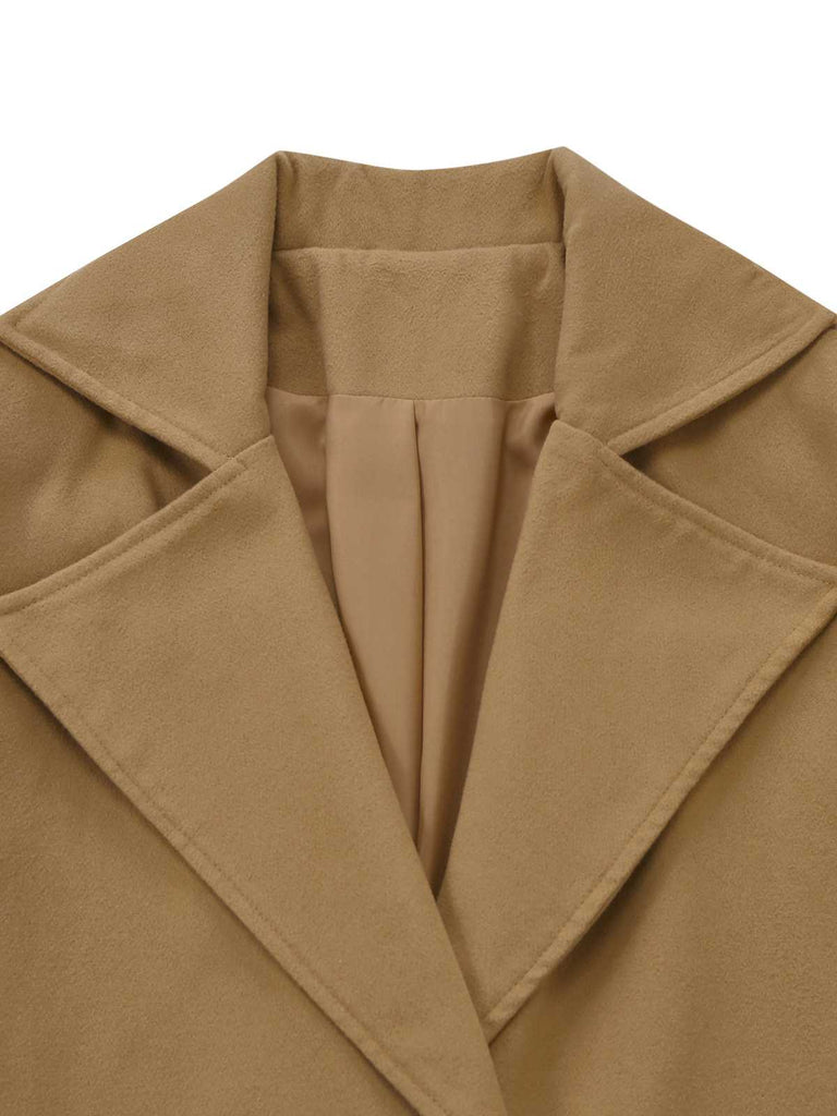 Khaki 1940s Lapel Double-Breasted Belted Coat