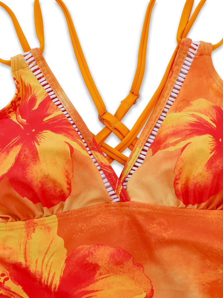 1950s V-Neck Floral Patchwork Tankini Set