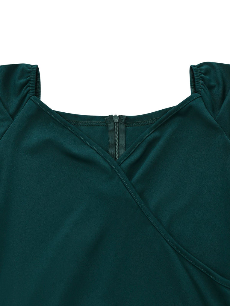 1930s Solid Ruched V-Neck Belted Jumpsuit