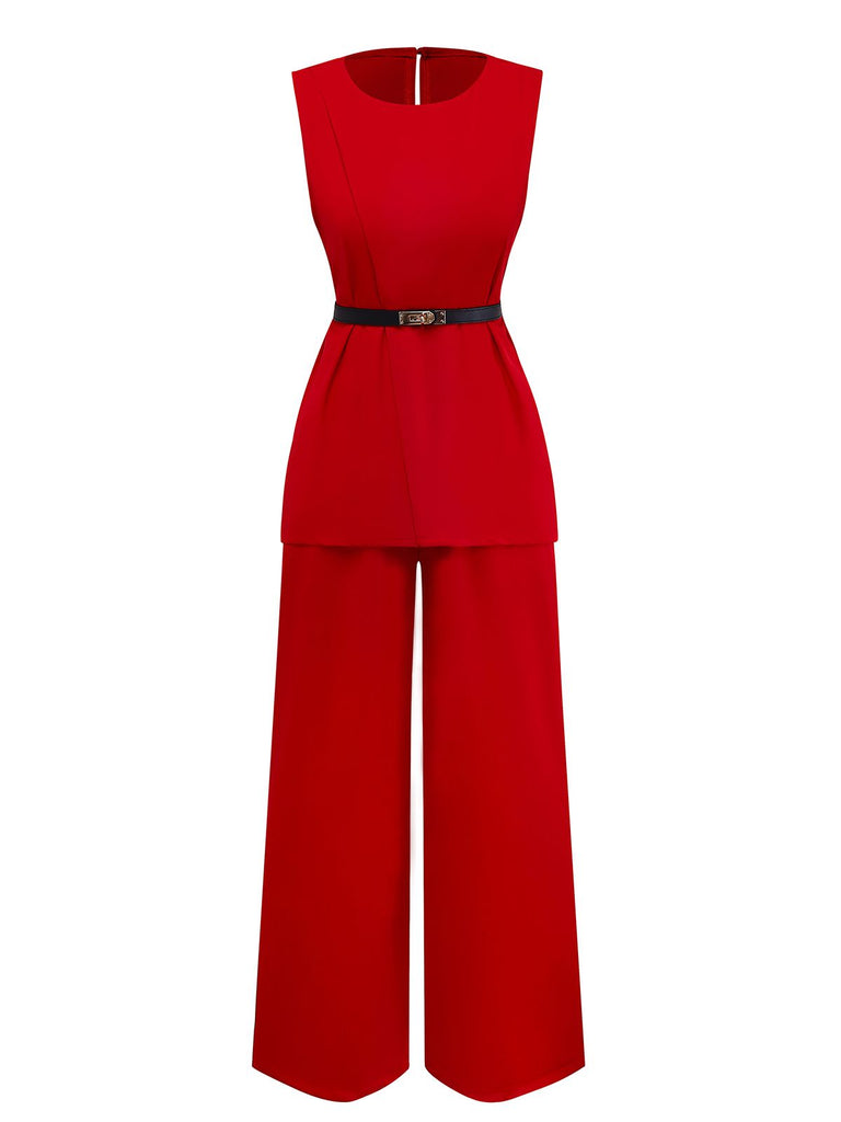 2PCS 1960s Sleeveless Vest & Belted Waist Pants