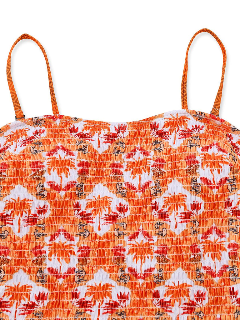 Orange 1960s Tropical Coconut Palm Tree Print Swimsuit