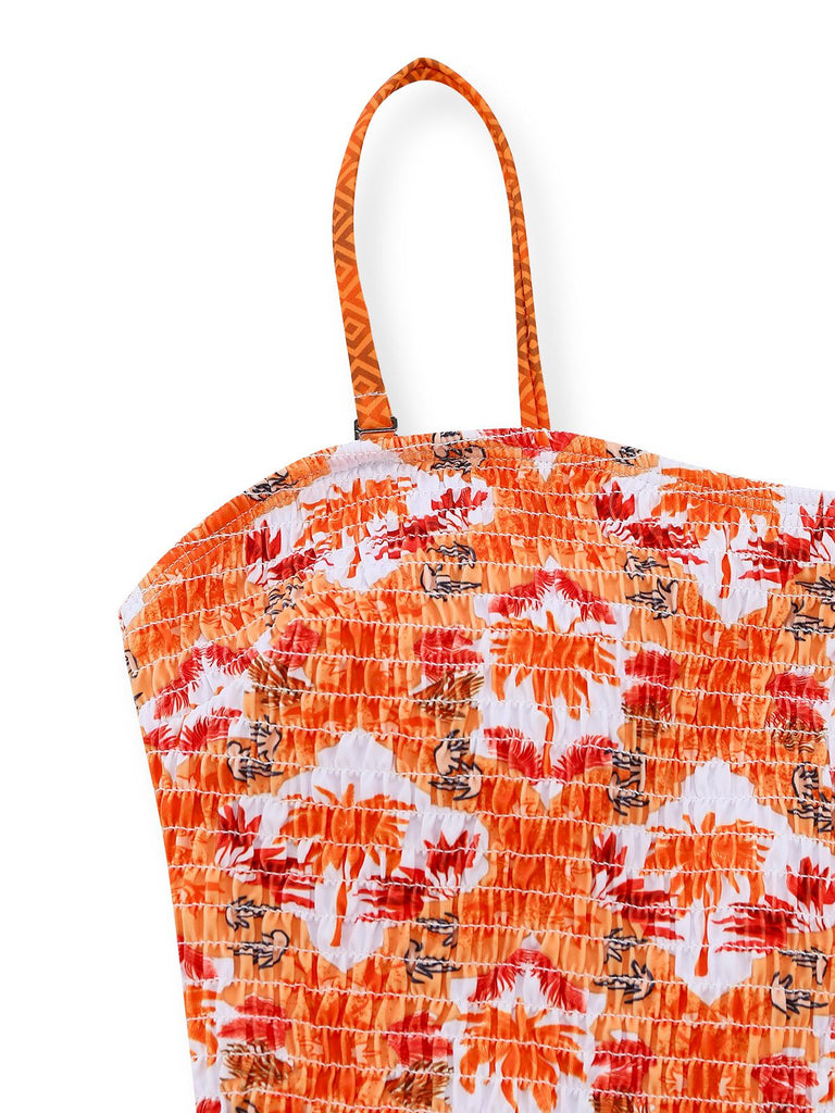 Orange 1960s Tropical Coconut Palm Tree Print Swimsuit