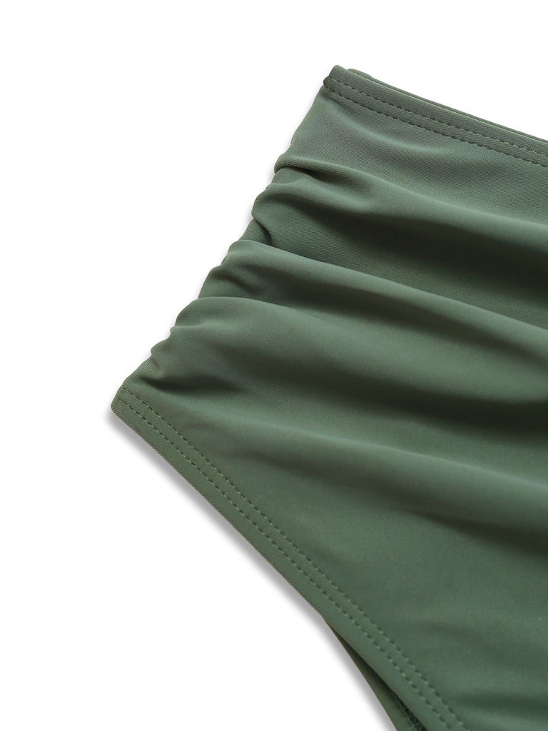 2PCS 1940s Solid Boho Ruffled Skirt Swimsuit