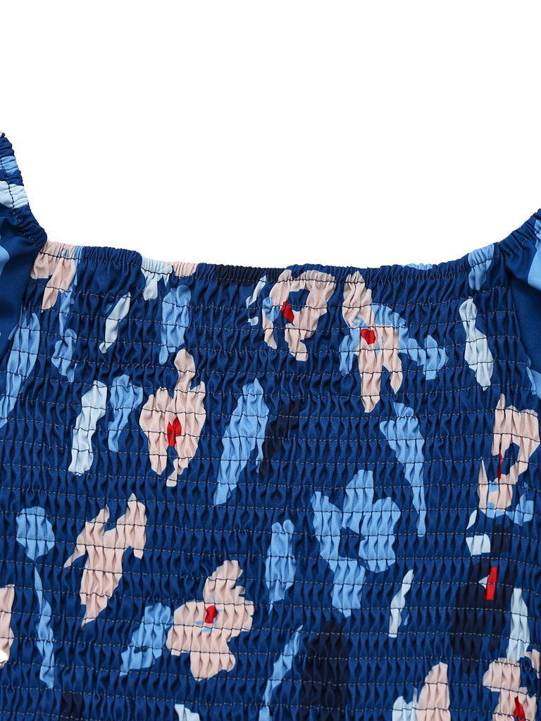 Blue 1940s Floral Puff Sleeves Off-Shoulder Dress