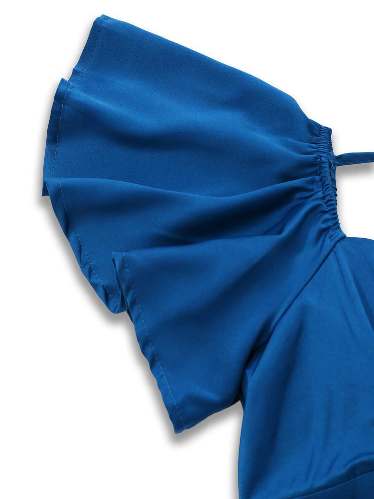 1930s Heart Neck Ruffled Sleeve Satin Dress