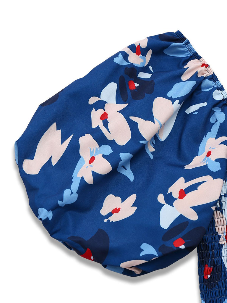 Blue 1940s Floral Puff Sleeves Off-Shoulder Dress