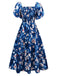 Blue 1940s Floral Puff Sleeves Off-Shoulder Dress