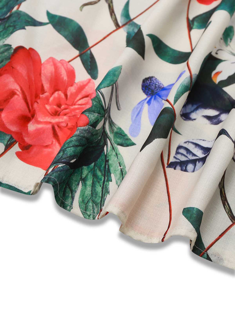 1940s V-Neck Floral Ruched Sleeveless Dress