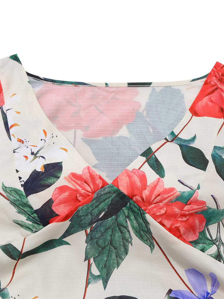 1940s V-Neck Floral Ruched Sleeveless Dress