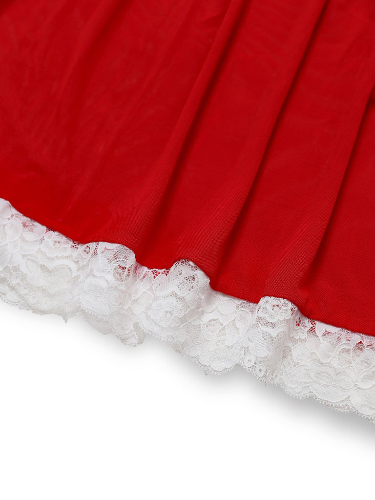 Red 1950s Ruffle Strap Lace Sheer Nightdress