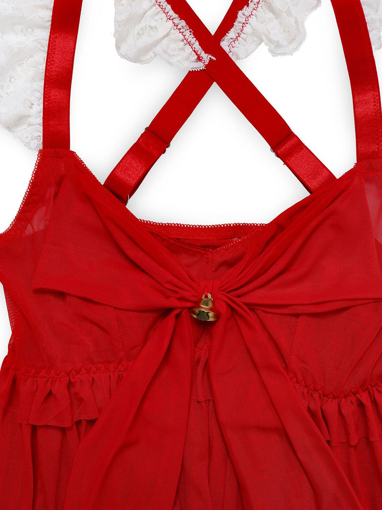 Red 1950s Ruffle Strap Lace Sheer Nightdress