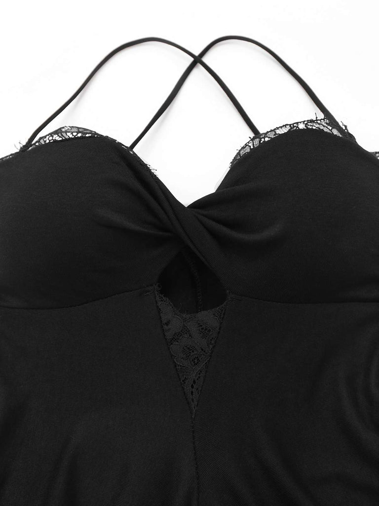 Black 1930s Lace Trimmed Halter Maxi Dress