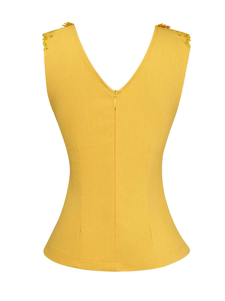 Yellow 1960s Cutout Floral Sleeveless Blouse