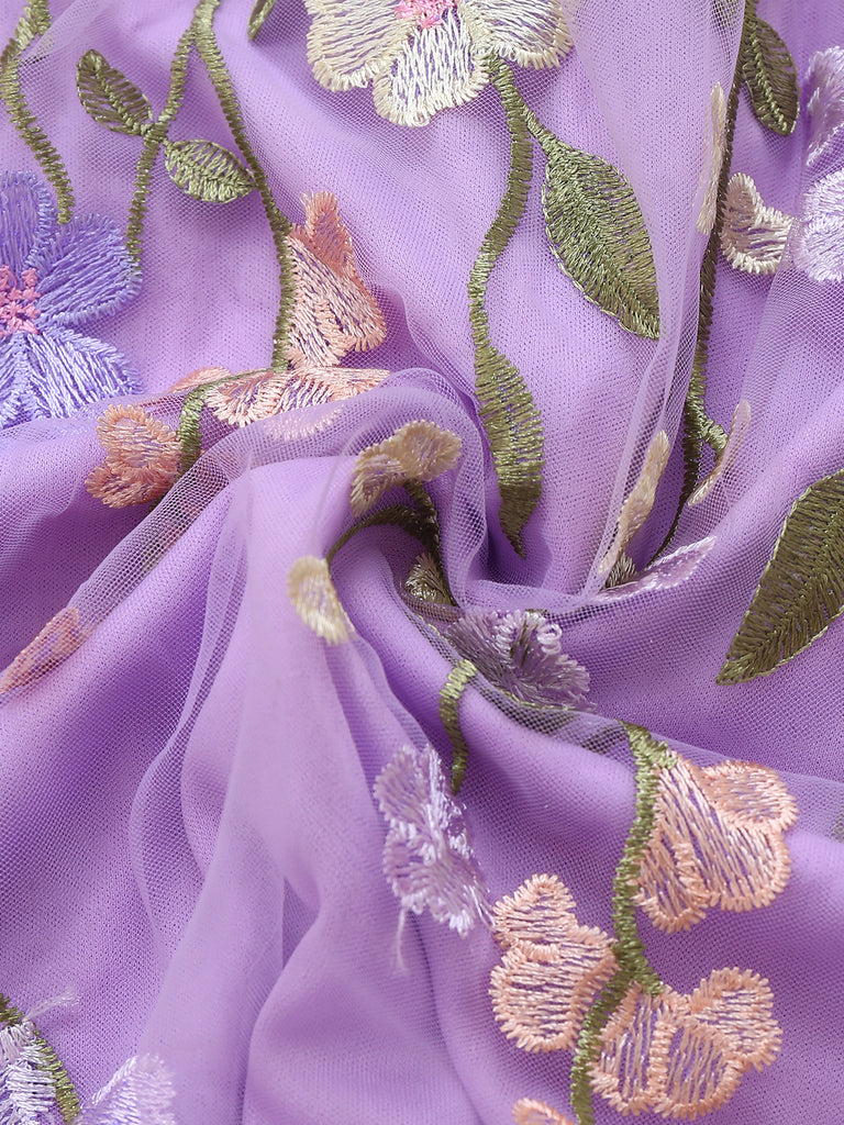 Purple 1950s Floral Embroidered Mesh A-Line Dress