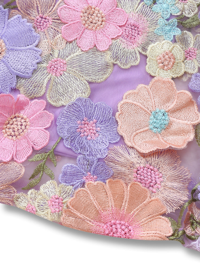 Purple 1950s Floral Embroidered Mesh A-Line Dress