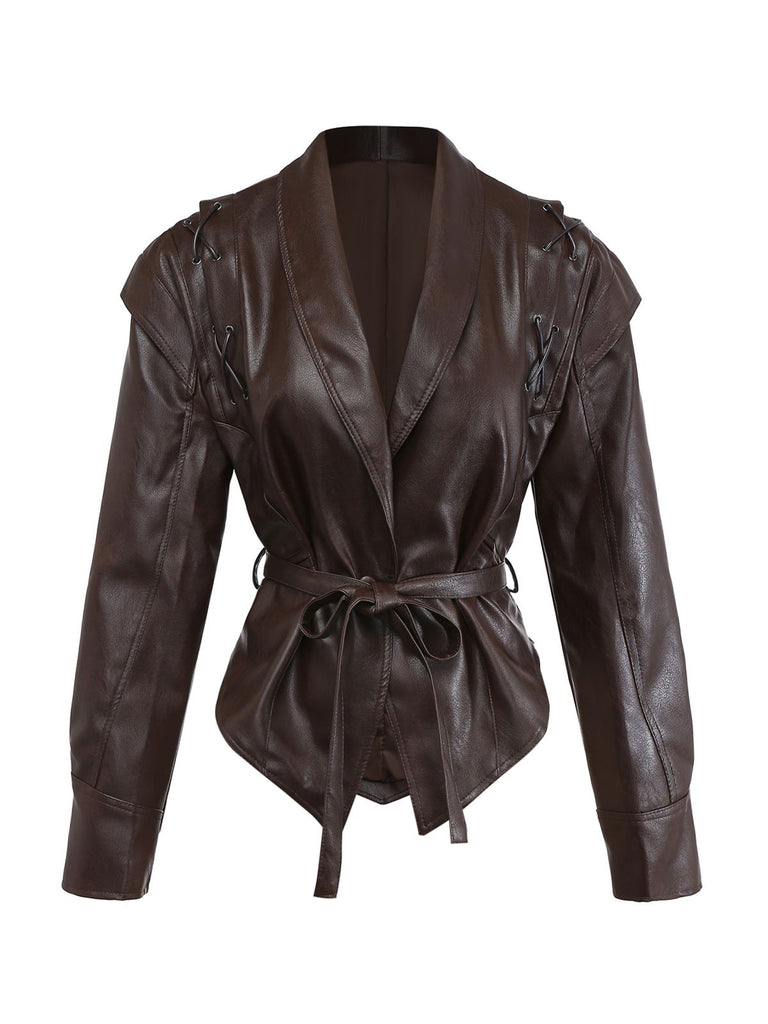 Dark Coffee 1970s Leather Belted Jacket