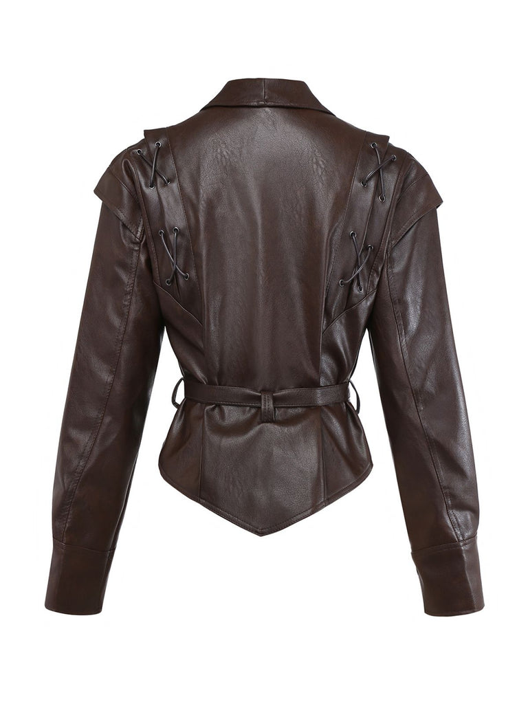 Dark Coffee 1970s Leather Belted Jacket