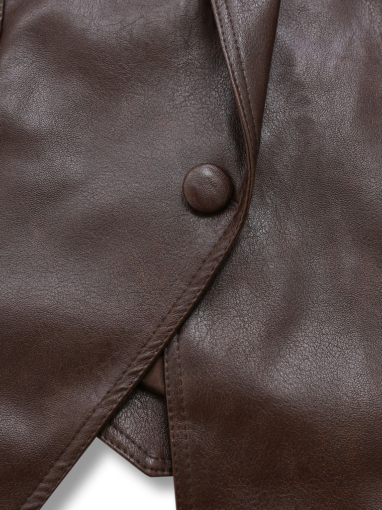 Dark Coffee 1970s Leather Belted Jacket