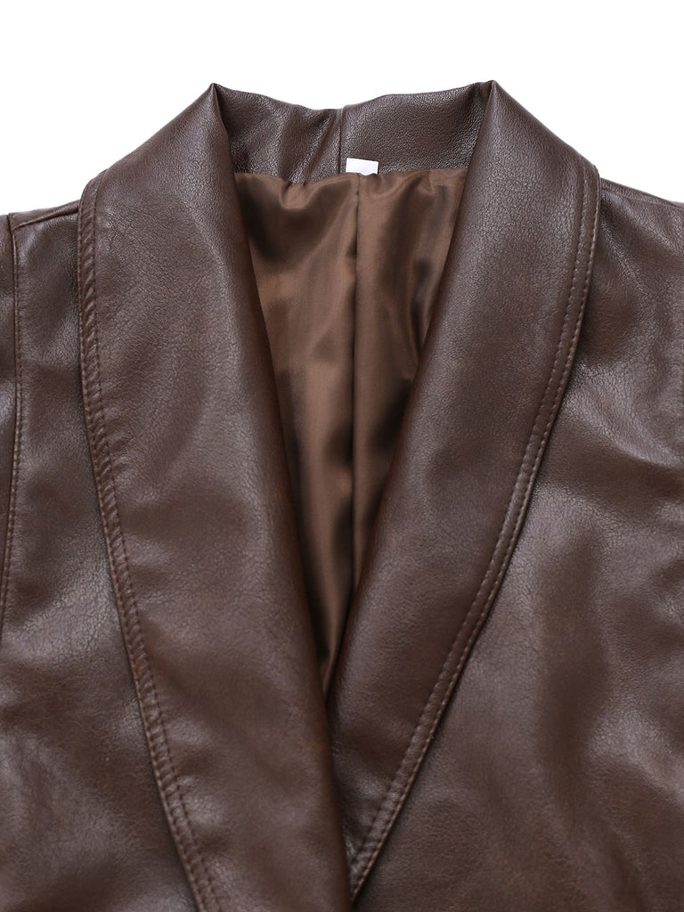 Dark Coffee 1970s Leather Belted Jacket
