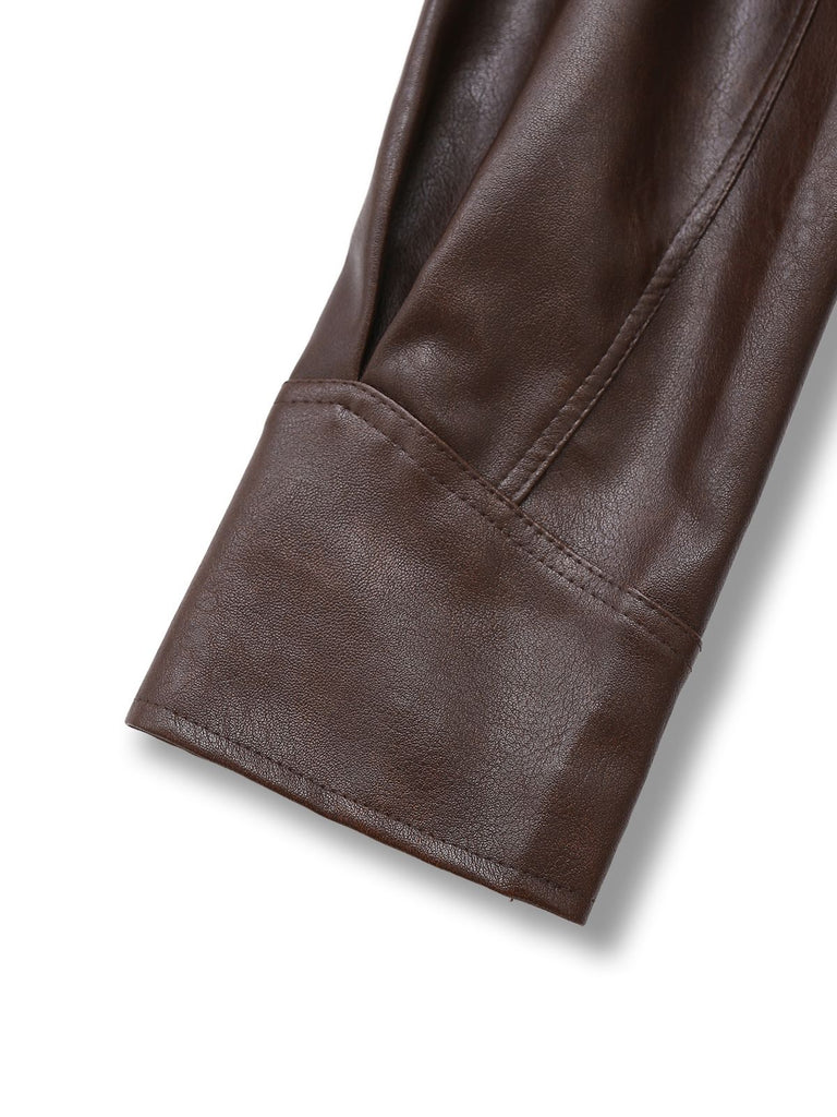 Dark Coffee 1970s Leather Belted Jacket