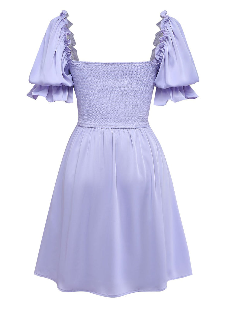 1960s Square-Neck Puff-Sleeve Smocked Stretch Mini Dress