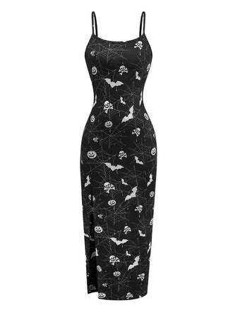 Black 1950s Halloween Print Slit Midi Dress