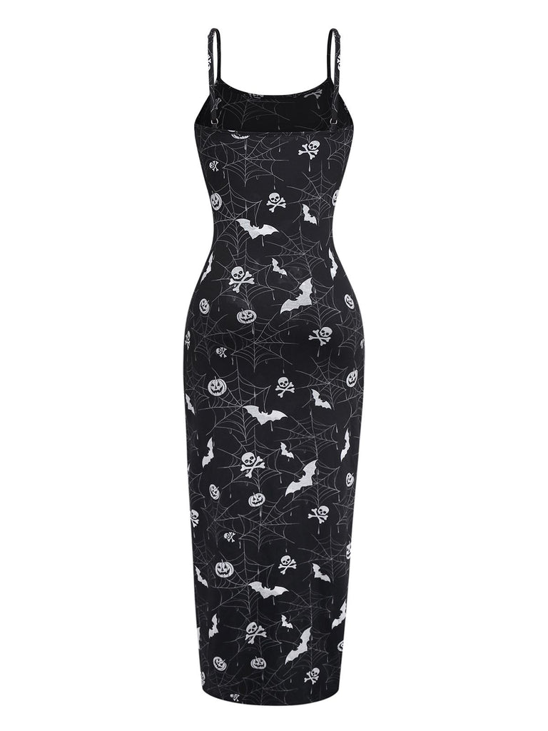 Black 1950s Halloween Print Slit Midi Dress