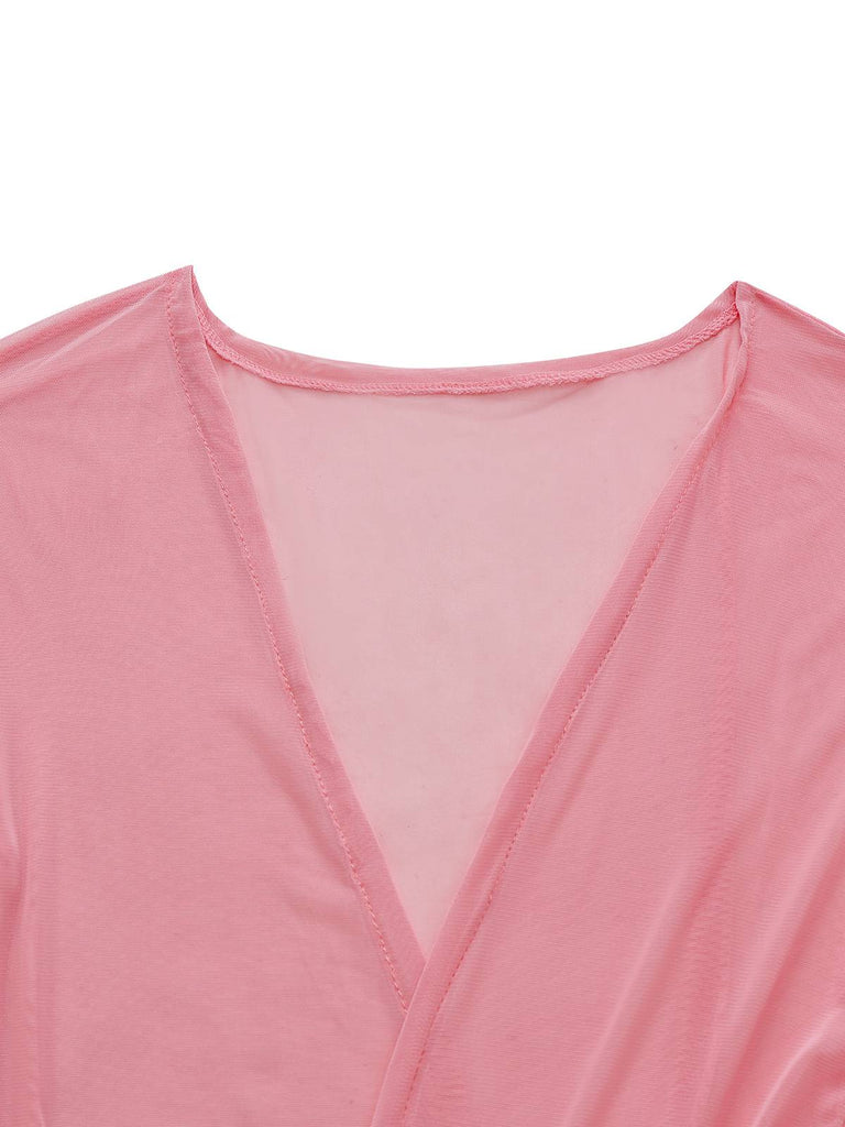 1930s Solid Feather Trim Lace-Up Mesh Robe