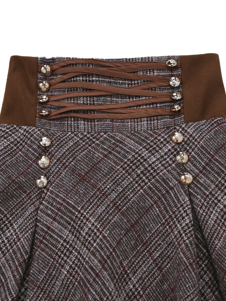 2PCS 1980s Chiffon Ruffled High-Neck Blouse &  Lace-Up Plaid Skirt