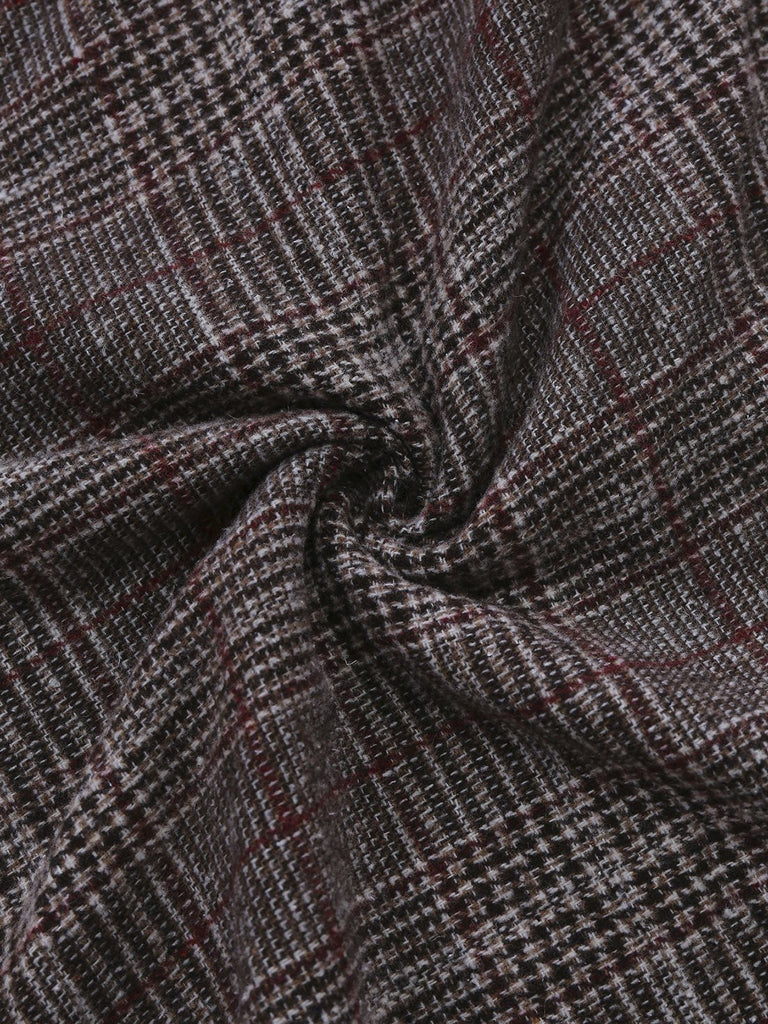 2PCS 1980s Chiffon Ruffled High-Neck Blouse &  Lace-Up Plaid Skirt