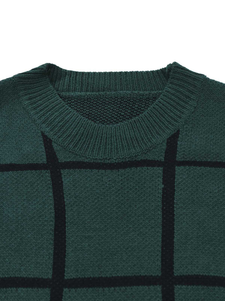 Green 1960s Crew Neck Plaid Knit Sweater Dress