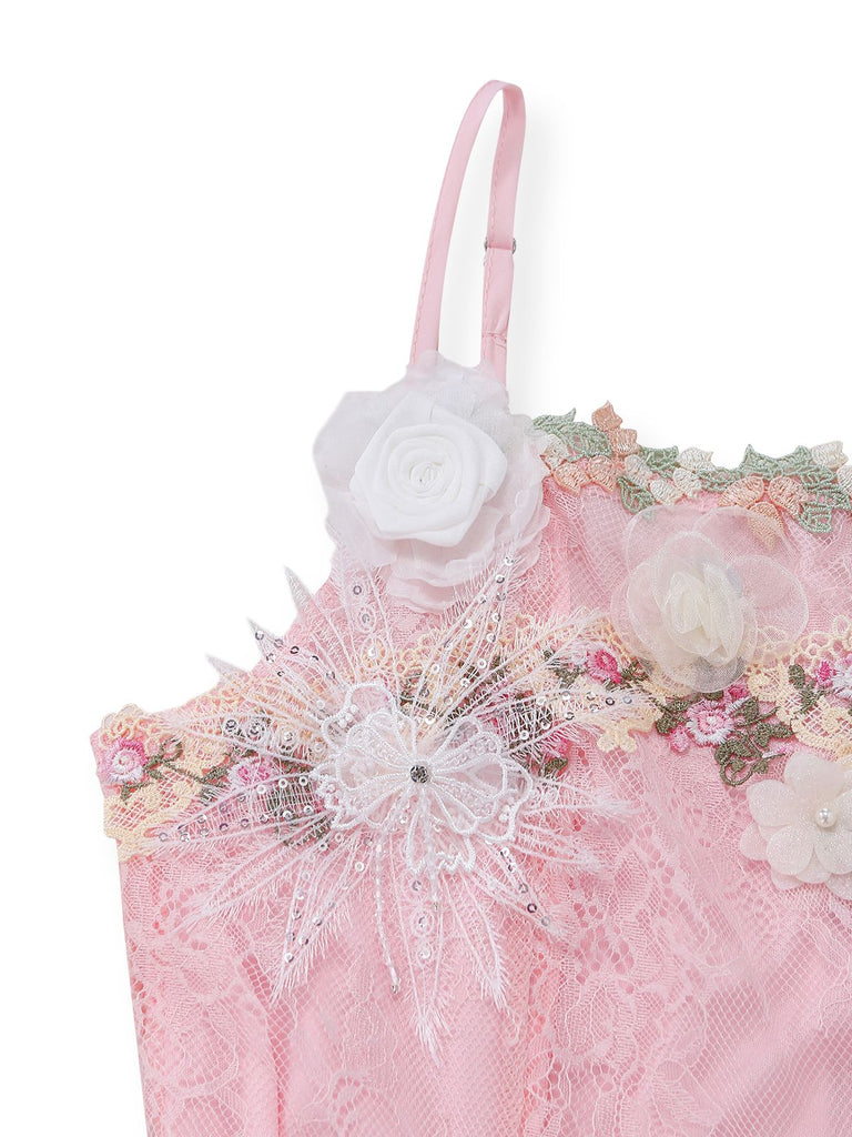 Pink 1940s Floral Lace Spaghetti-Strap Maxi Dress