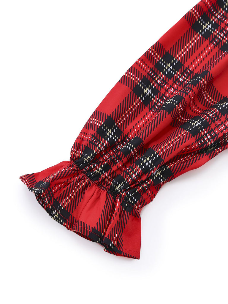 Red 1950s Plaid Bow Deep-V Long Sleeves Dress