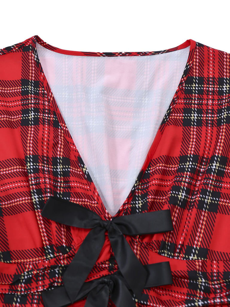 Red 1950s Plaid Bow Deep-V Long Sleeves Dress