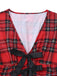 Red 1950s Plaid Bow Deep-V Long Sleeves Dress