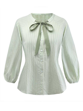 Green 1980s Tie-Neck Puff Sleeve Blouse