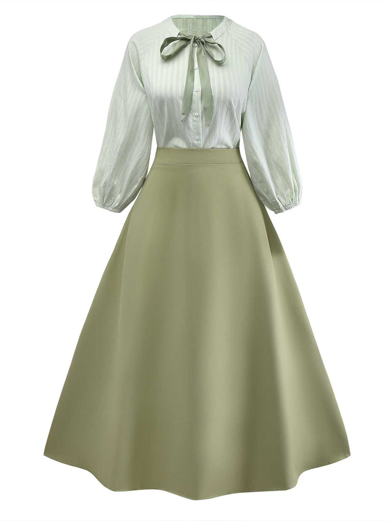 2PCS Green 1980s Tie-Neck Blouse & Solid Skirt