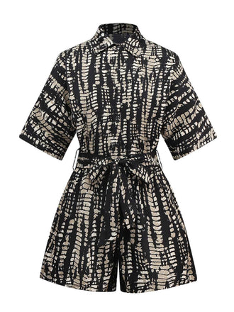 1950s Print Tie Waist Shirt Romper