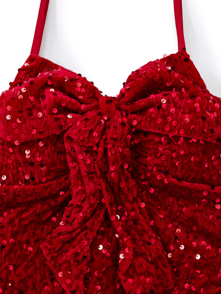 Red 1960s Christmas Sequined Twisted Dress Set